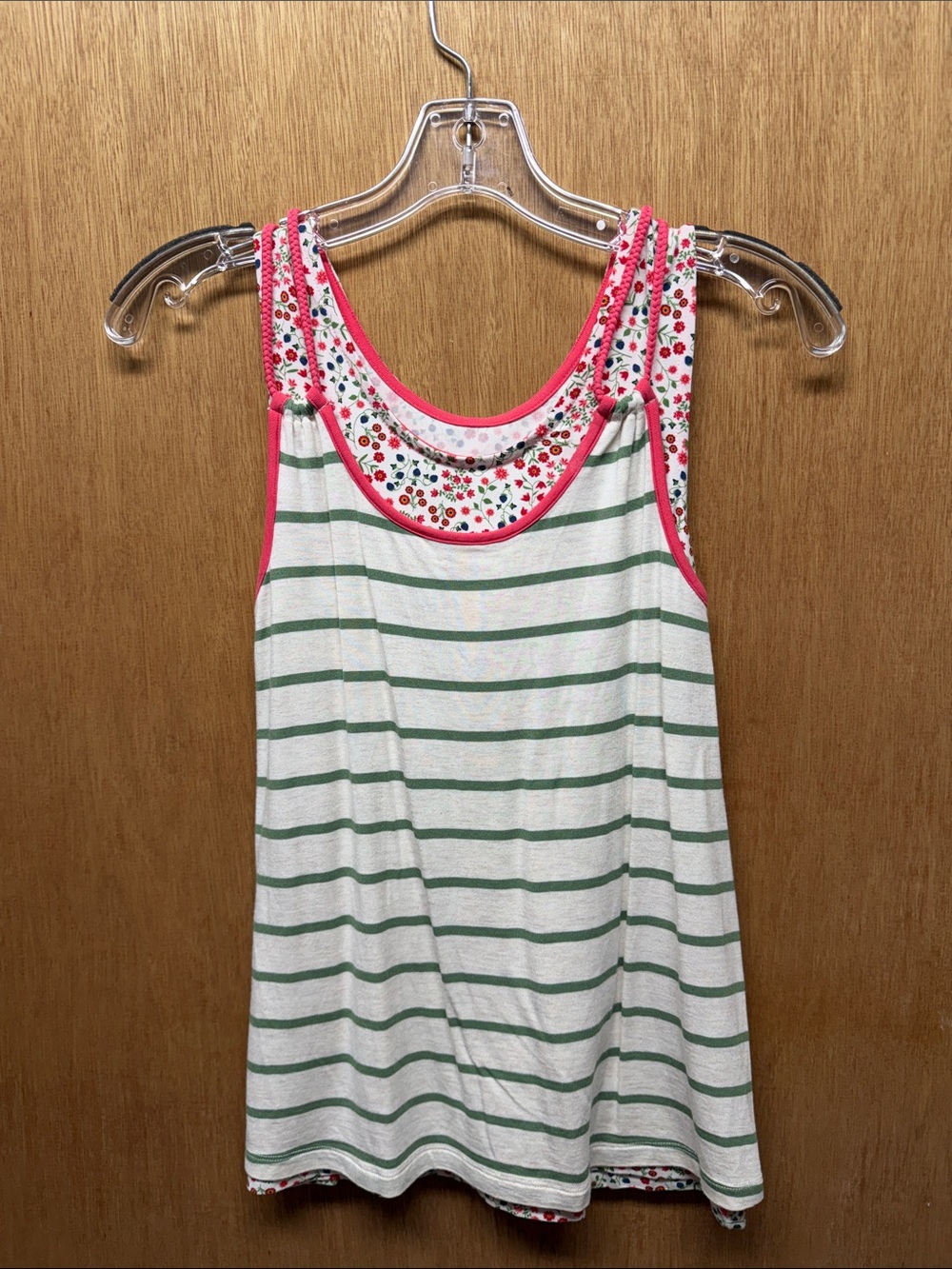 Striped Green & white with pink Trim Tank Top with pink & white floral tank